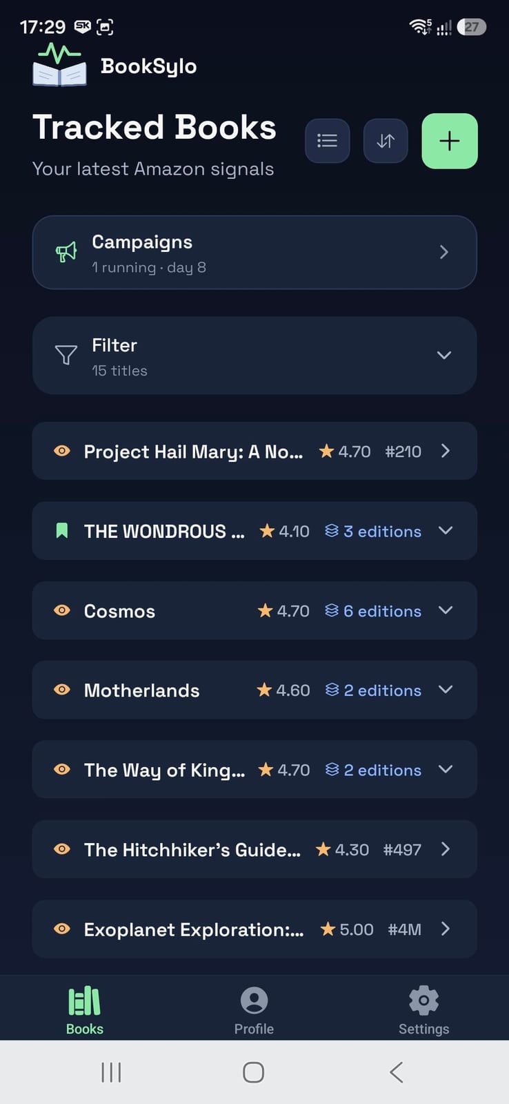 BookSylo tracked books as compact rows, with star rating and rank per title