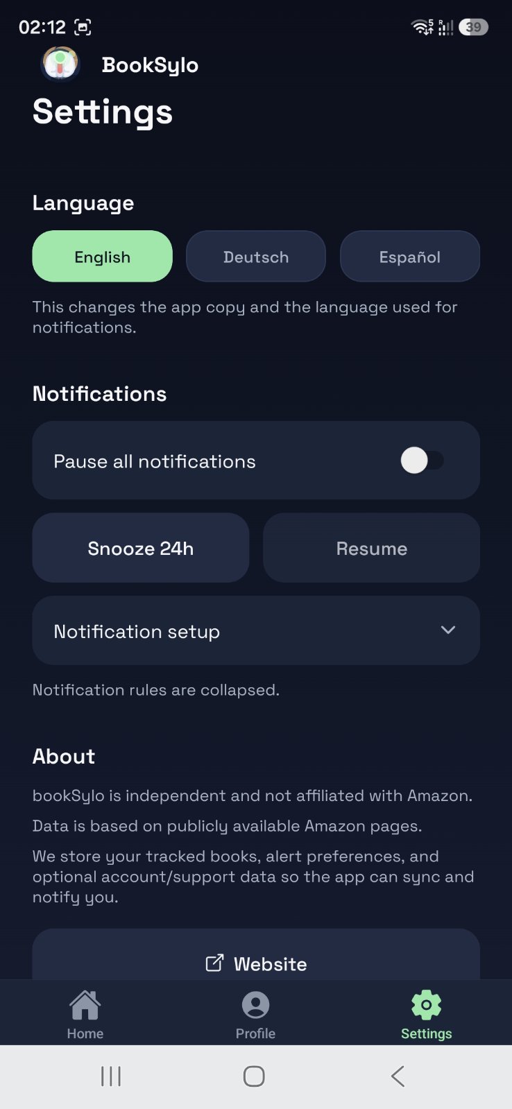 BookSylo settings and language options